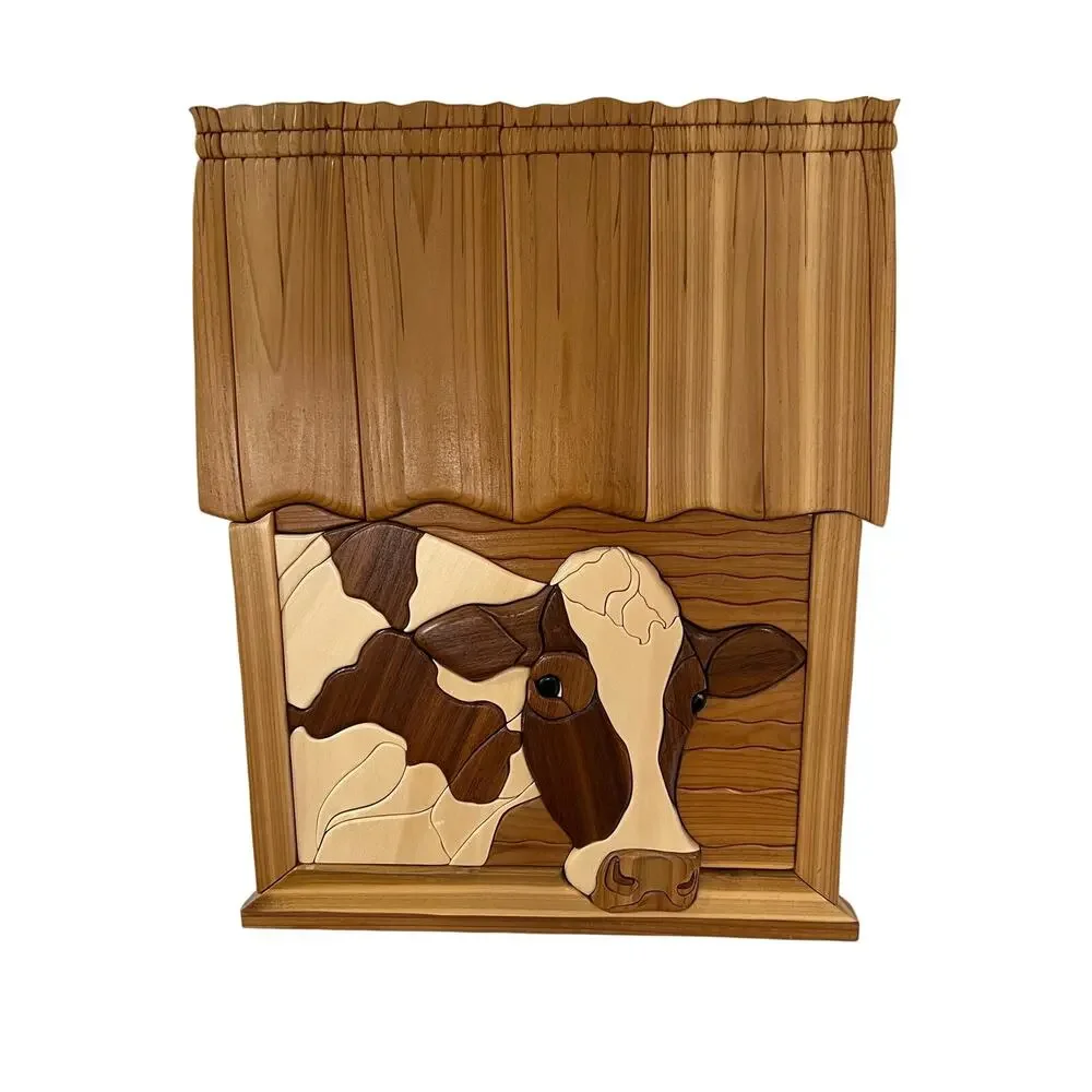 Handmade Intarsia Cow Comes Home Wall Art Wood Sculpture